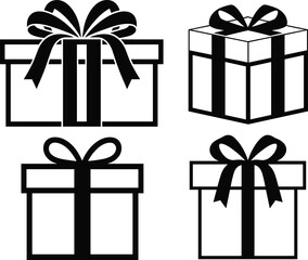 Gift box icon set, black and white present illustrations, ribbon and bow designs, packaging symbols, vector holiday decoration, cad drawing flat vector illustration