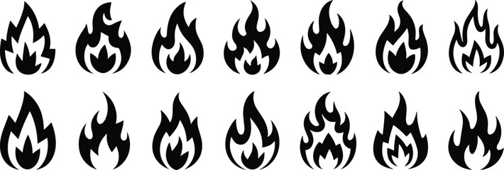 Black flame icon set, stylized fire symbol collection, minimalist burning shapes, abstract flame silhouettes, vector fire design, isolated heat icons, cad drawing flat vector illustration