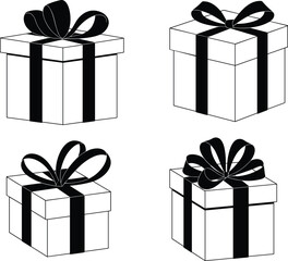 Gift box set, ribbon bow decoration, festive packaging design, holiday present wrap, celebration surprise, vector illustration, black and white, isolated, graphic art, decorative element