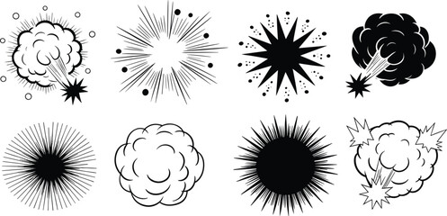 comic explosion burst set, black and white vector, cartoon blast effect, retro pop art style, dynamic action impact illustration, isolated design