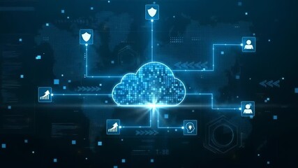 Abstract digital graphic design of a cloud computing network with security and user elements - Powered by Adobe