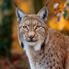 Naklejka premium A close-up shot of a Eurasian lynx, showcasing its piercing gaze and distinctive features. The lynx has a beautifully patterned coat and tufted ears.
