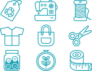 Sewing Machine, Scissors, Buttons, Spool, Recycle Icon in Blue Outline Style