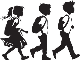 Obraz premium Three Schoolchildren with Backpacks Walking in Silhouette, Ready for School 