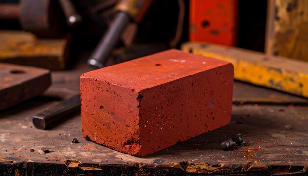 Close-up of red brick and tools on a dark wood work surface in workshop
