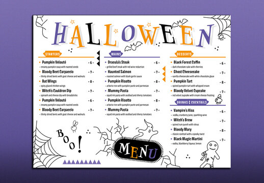 Halloween Menu black and white with decorations layout template