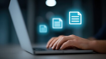 A person is typing on a laptop with a blue screen that has a paper icon with thr