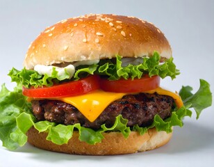 Juicy Cheeseburger on White Plate, Close-up
