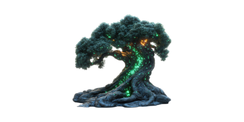 Enchanted Tree With Glowing Lights. Fantasy And Magic Concept Isolated On Transparent Background