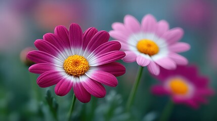Obraz premium Two pink and white daisies are in a field