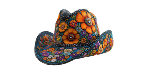 Colorful Floral Embroidered Cowboy Hat. Vibrant Artistic Fashion Accessory Isolated On Transparent Background