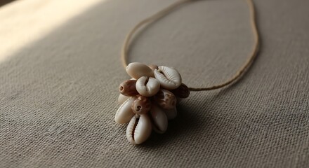 Handmade bohemian style necklace featuring a beautiful cluster of natural cowrie shells on a simple twine cord, resting on rustic fabric