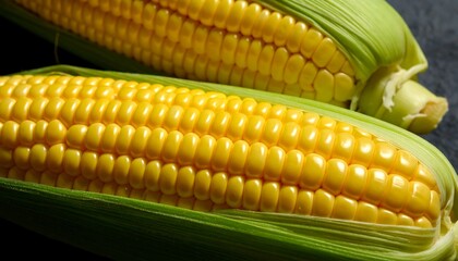 Close-up of two vibrant ears of corn still in their green husks, highlighting freshness