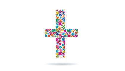 Fototapeta premium A vibrant cross design formed by numerous small, colorful plus signs, creating a visually engaging and dynamic image.