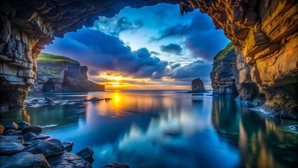 Dramatic ocean sunset viewed from inside a coastal cave, highlighting natural beauty and serene water reflections