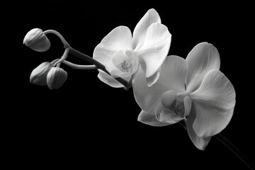 Monochrome Elegance: White Orchid Blossoms and Buds Showcased in Stunning Black and White