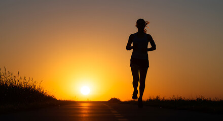 Silhouette of a woman running on a road against a vibrant sunset.