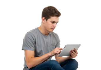 Focused young man sitting and using a digital tablet computer for browsing online, isolated on a transparent background