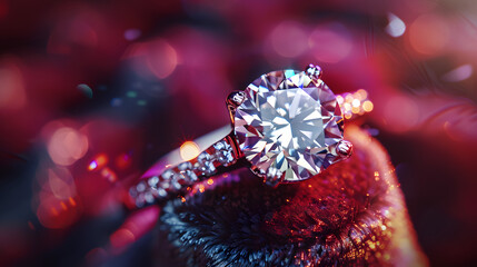 Obraz premium close-up of a diamond ring on a velvet cushion, shimmering lights reflecting off facets, luxurious and elegant setting, perfect for jewelry commercial, cinematic 16:9