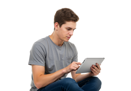 Focused young man sitting and using a digital tablet computer for browsing online, isolated on a transparent background