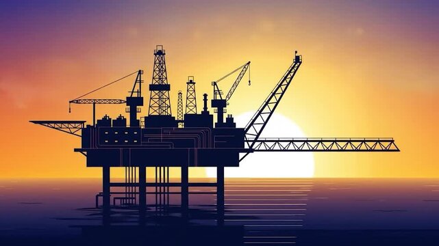 Offshore oil rig silhouette sunset
