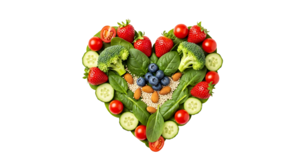 Healthy heart symbol made from fresh fruits and vegetables.