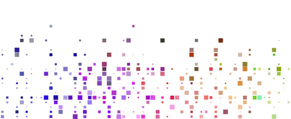 A vibrant, colorful spectrum of scattered square shapes fades into a clean white background, creating a dynamic and pixelated effect with hues of blue, purple, green, and brown