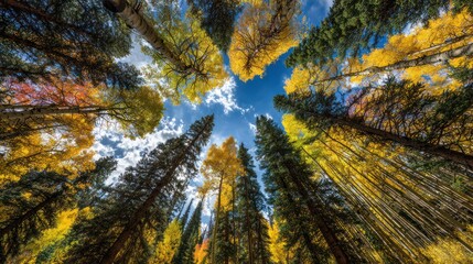 Worm's eye view up tall, autumn forest trees to cloudy blue sky overhead
