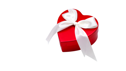Heart-shaped red gift box with white satin ribbon; romantic, elegant Valentine's Day present.