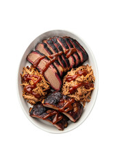 A delicious BBQ platter with juicy meat and flavorful sauce.