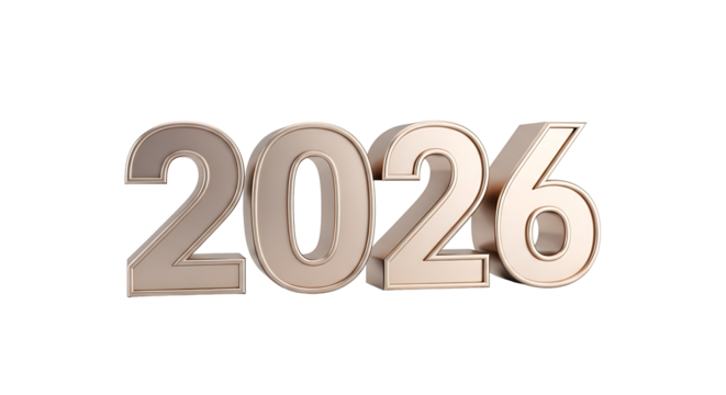3D rendered shiny 2026 year number.