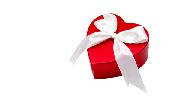 Heart-shaped red gift box with white satin ribbon; romantic, elegant Valentine's Day present.
