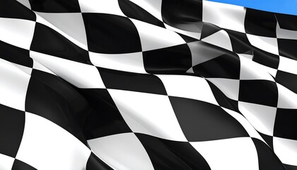 A dynamic checkered flag billows in the wind, showcasing a bold black and white pattern.