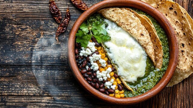 Layered Mexican dish with corn tortillas, black beans and queso fresco crumbles garnished with green sauce in rustic earthenware