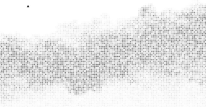 Abstract black and white image showcasing a dynamic pattern of small triangles forming a textured landscape-like shape against a bright white background, blending simplicity with depth
