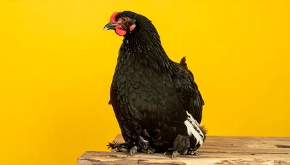 A black and white hen perched on a rustic wooden surface against a vibrant yellow backdrop.