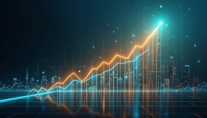 Futuristic Financial Growth Chart with Neon Line Graphs and City Skyline
