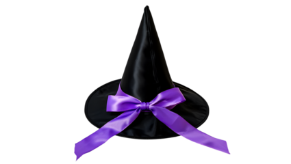 Elegant Black Witch Hat with Purple Satin Bow; Halloween Costume Accessory; Spooky, Mysterious, Festive.