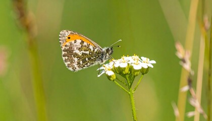 A detailed close-up of a speckled butterfly delicately perched on a cluster of small white flowers against a soft, out-of-focus green background.
