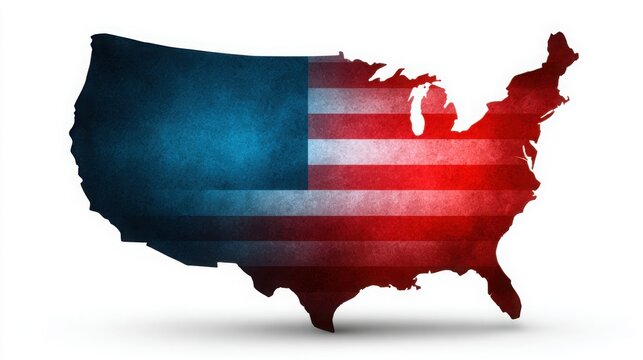 A red, white and blue American flag is drawn on a map of the United States