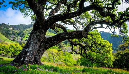 Obraz premium A magnificent old oak tree dominates a vibrant hillside meadow, its sprawling branches reaching across the lush landscape.