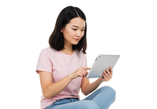 A young Asian woman sitting cross-legged, happily engaging with a tablet on a transparent background