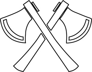 Outline crossed axes vector symbol in black on white, ideal for lumberjack logos, camping emblems, outdoor adventure badges, and rustic woodworking branding.