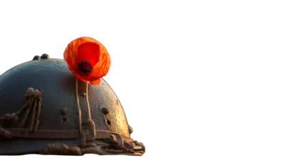 Military helmet with poppy flower isolated on transparent background