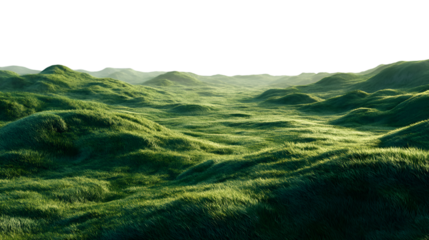 Lush green hills covered in grass under a bright sky on a sunny day isolated on transparent background