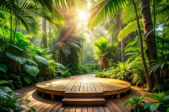 Wooden stage in a lush tropical forest with sunlight and green plants