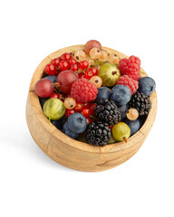 different berries in a wooden plate on a white background, side view
