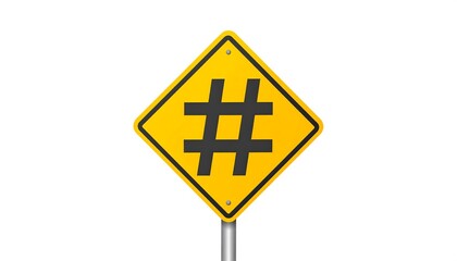 Fototapeta premium A bright yellow diamond-shaped caution sign displays a bold black hashtag symbol against a pure white background.