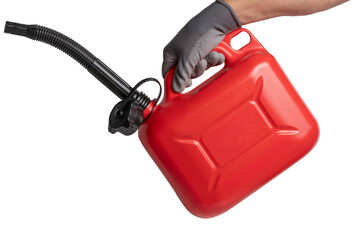 Hand in glove holding red canister of gasoline isolated on white background.