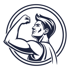 Obraz premium Strong man flexing biceps in a circle vector illustration design